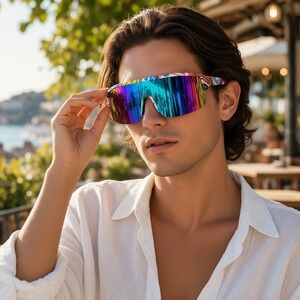 Piranha Graffiti Shield Sunglasses Rainbow Mirror Y2K Sport Wrap Rave Unisex